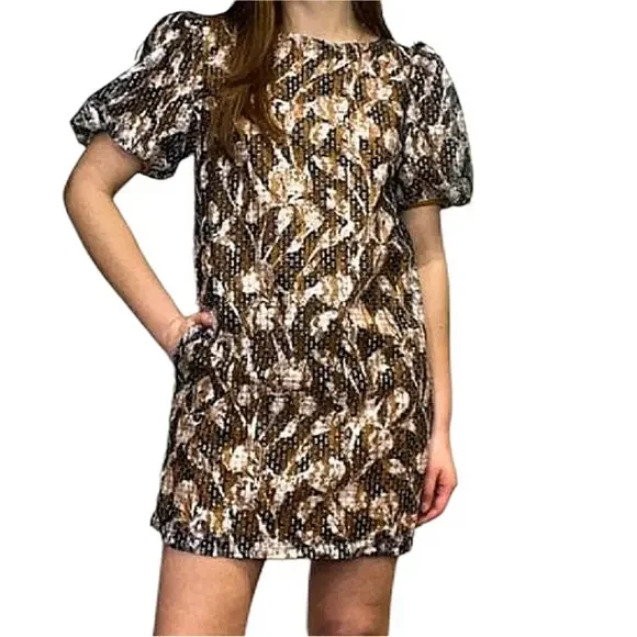 The Korner Lace Floral Puff Sleeve Mini Dress Sz M Mustard Navy Shift Tunic Top - Picture 1 of 9